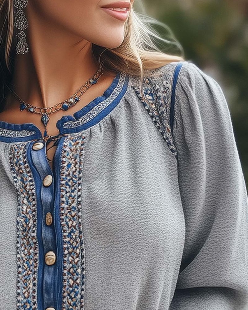 Women's Vintage Trim Embroidered Long Sleeve Blouse - Image 3