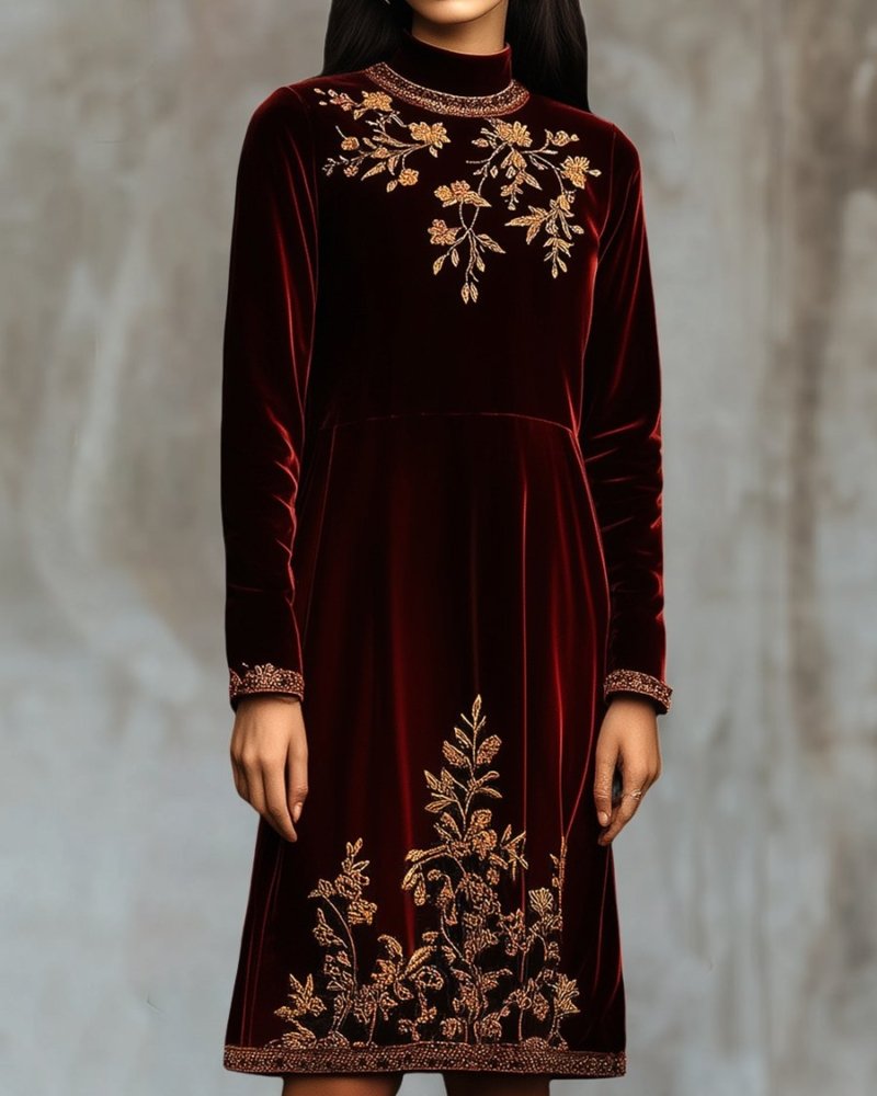 Elegant Mock Neck Golden Embroidery Velvet Midi Dress - Image 2