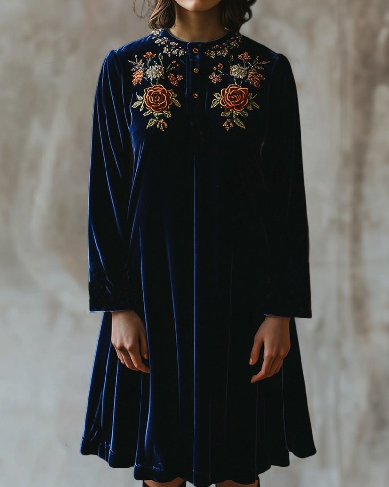 Retro Half-placket Floral Embroidery Loose Velvet Dress