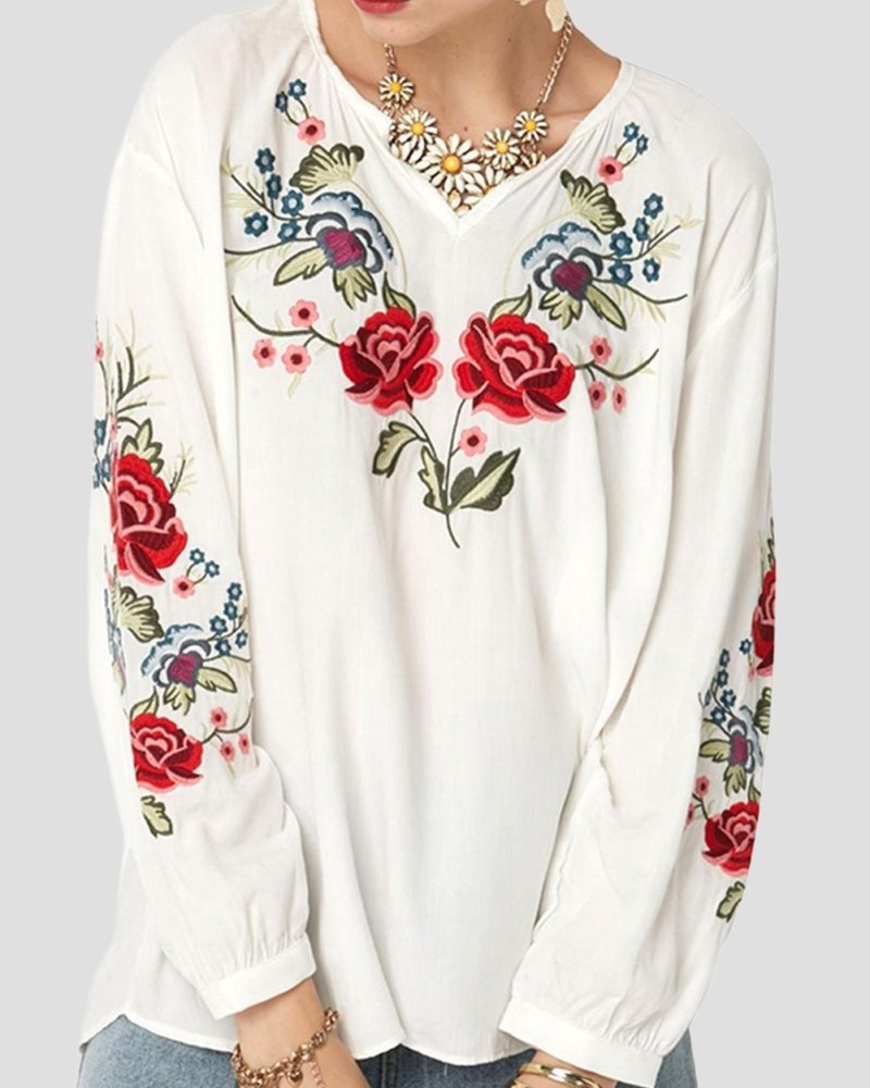 Retro V-neck Flower Embroidery Loose Blouse - Image 4